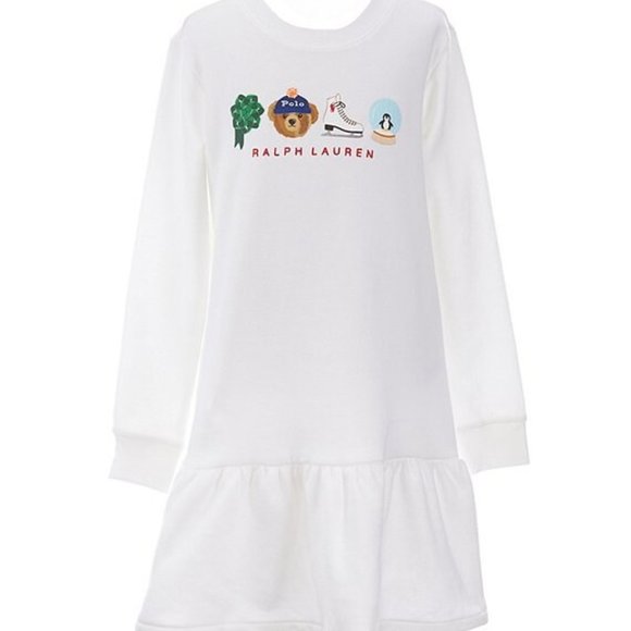 NWT POLO RALPH LAUREN BIG Girls  Dress 8-10 LS Polo Bear HOLIDAY Fleece - Picture 1 of 9